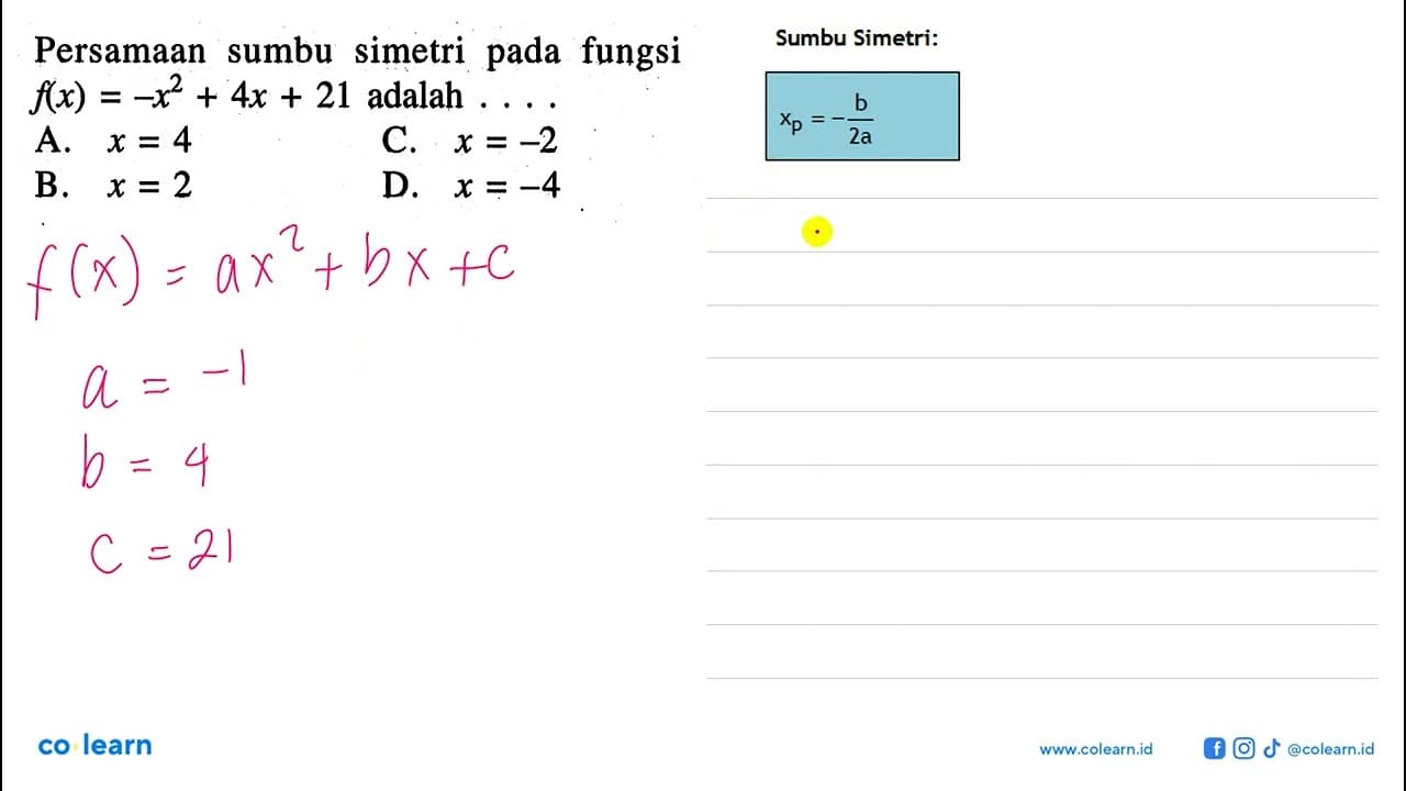 Persamaan sumbu simetri pada fungsi f(x) = -x^2 + 4x + 21