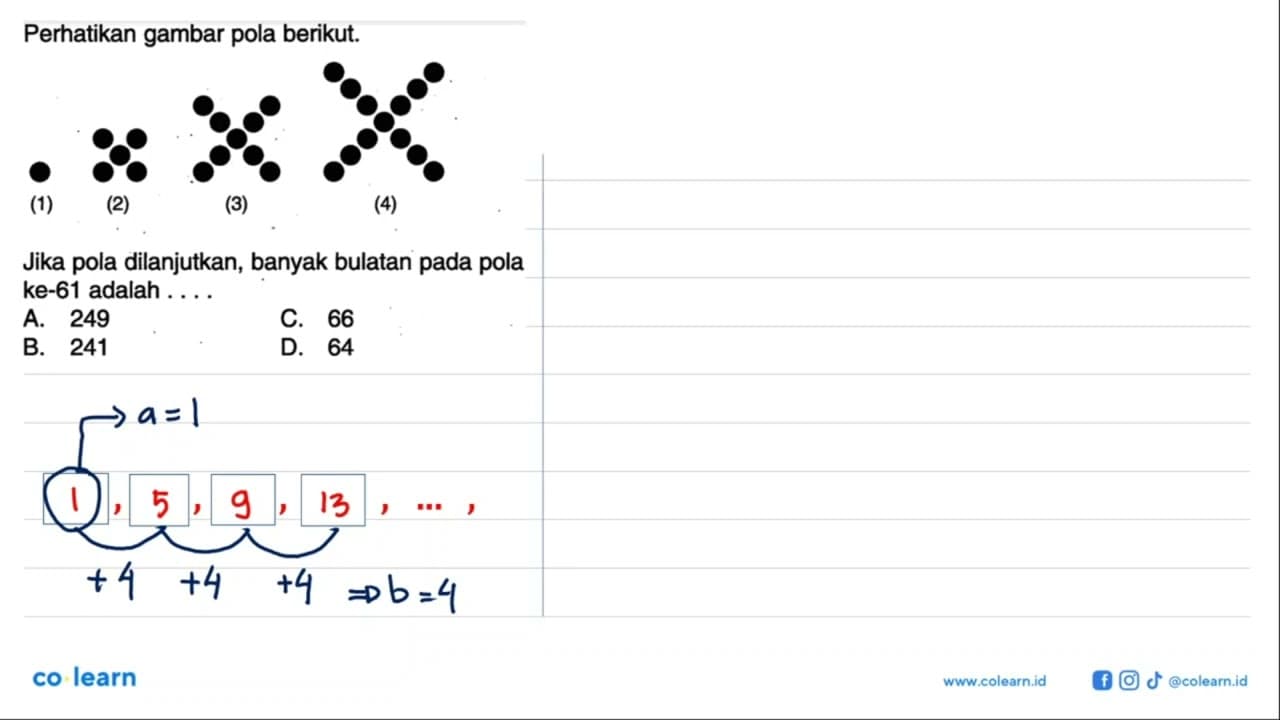 Perhatikan gambar pola berikut. (1)=1; (2)=5; (3)=9 (4)=13