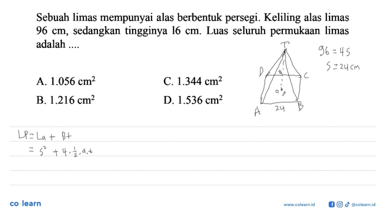 Sebuah limas mempunyai alas berbentuk persegi. Keliling