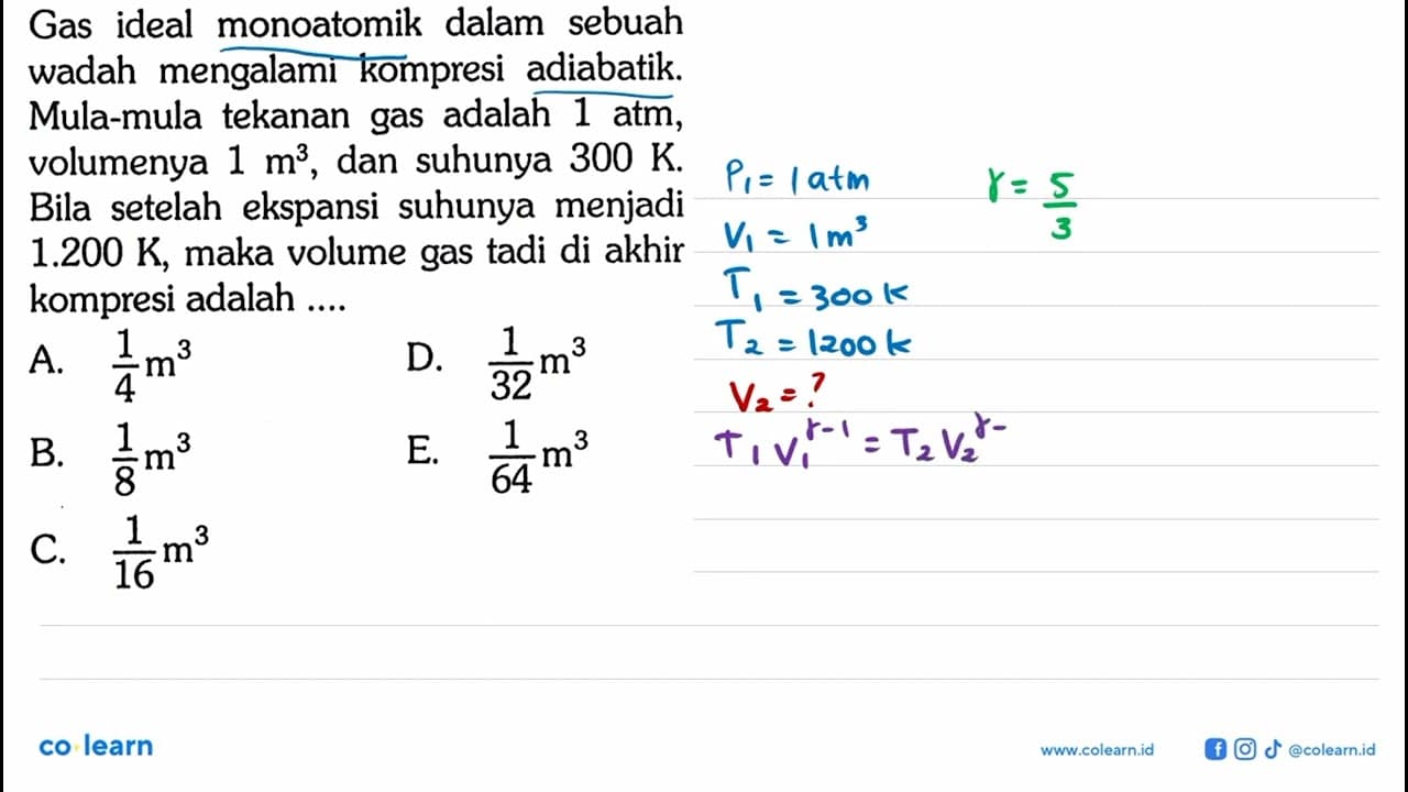 Gas ideal monoatomik dalam sebuah wadah mengalami kompresi