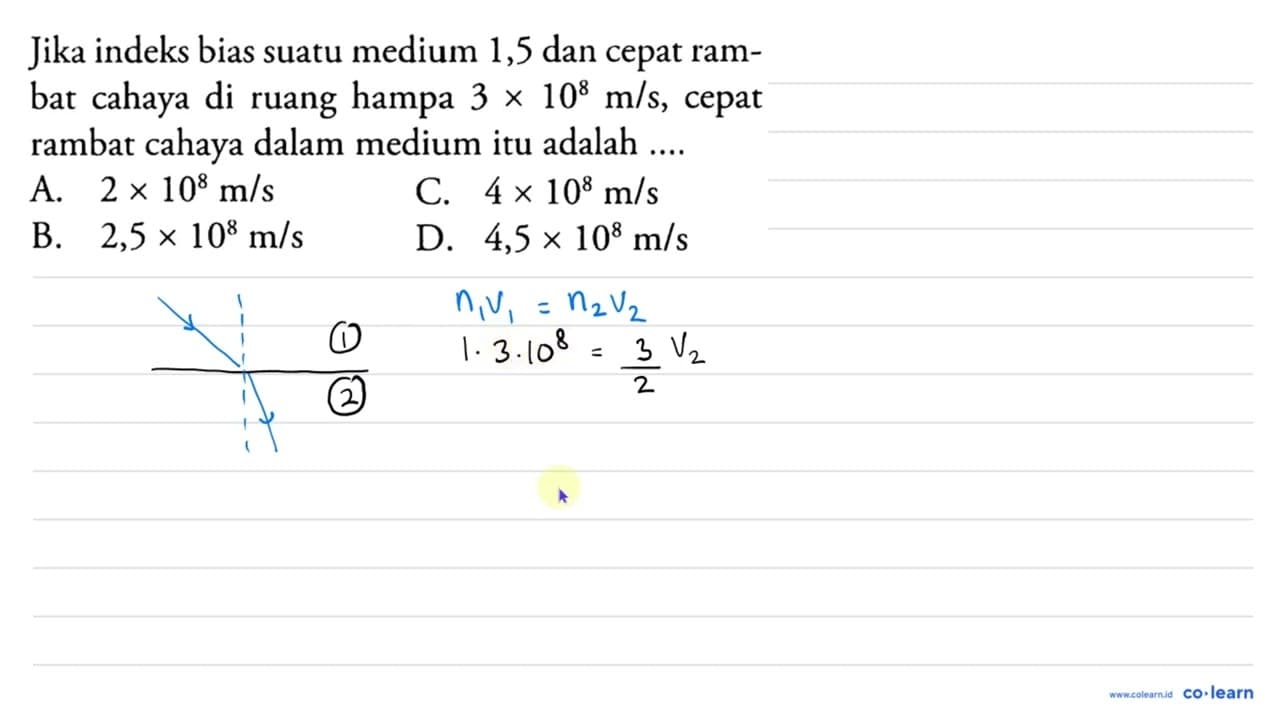 Jika indeks bias suatu medium 1,5 dan cepat rambat cahaya