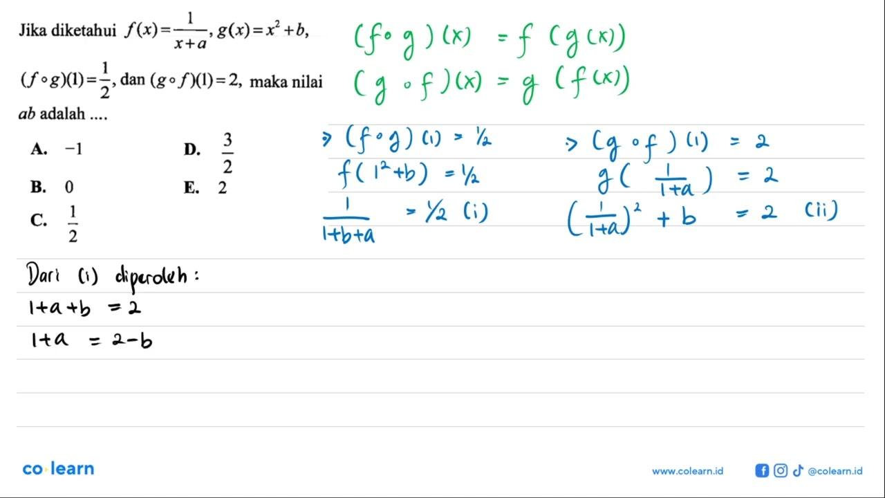 Jika diketahui f(x) = 1/(x+a), g(x) = x^2+b, (f o g)(1) =