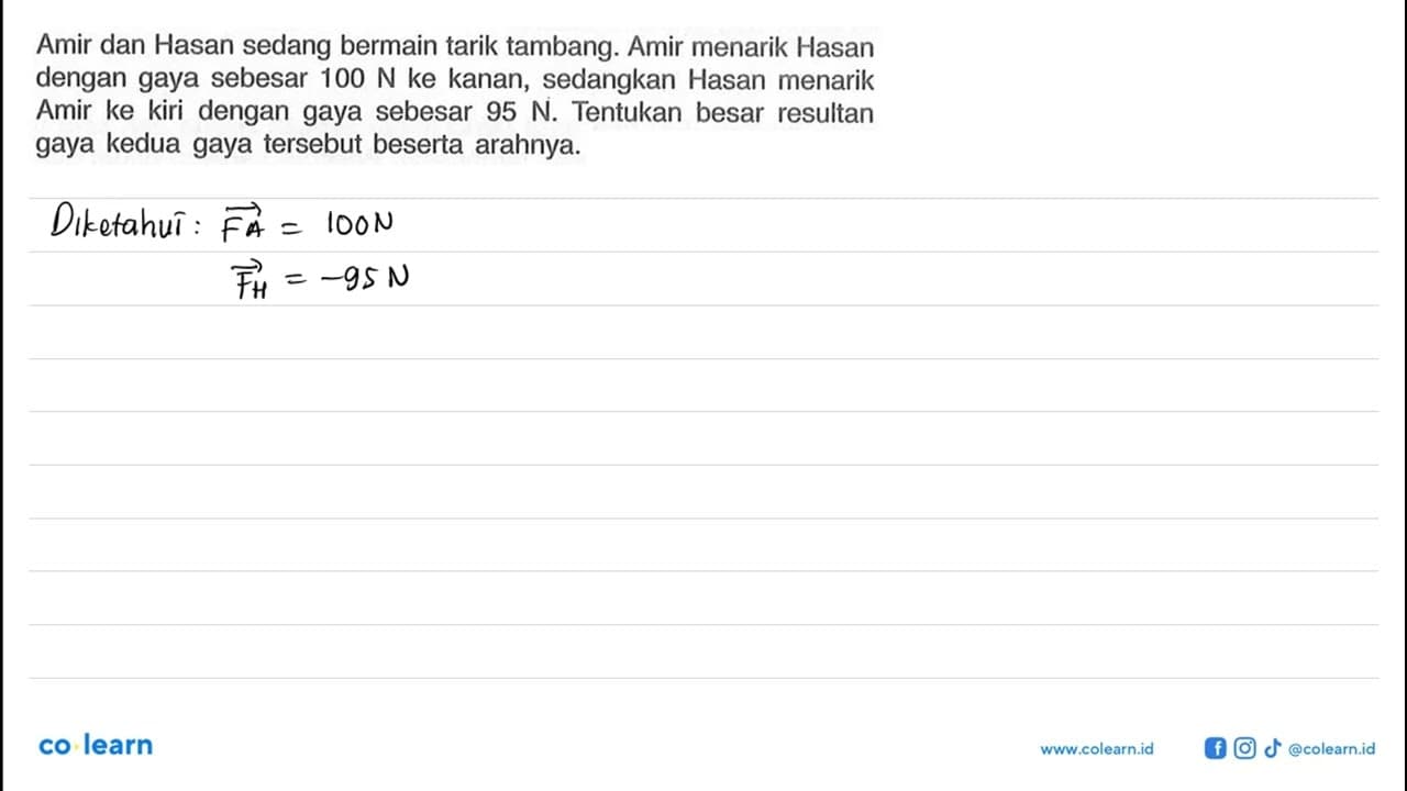 Amir dan Hasan sedang bermain tarik tambang. Amir menarik