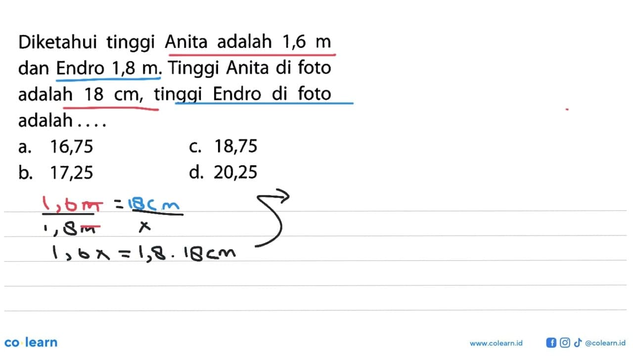 Diketahui tinggi Anita adalah 1,6 m dan Endro 1,8 m. Tinggi