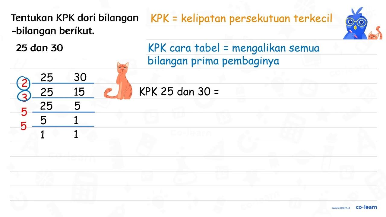 Tentukan KPK darí bilangan -bilangan berikut. 25 dan 30