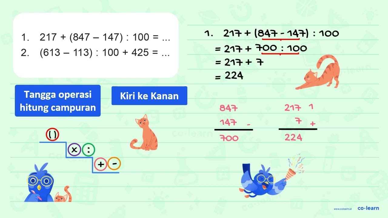 1. 217 + (847 - 147) : 100 = ... 2. (613 - 113) : 1000 +