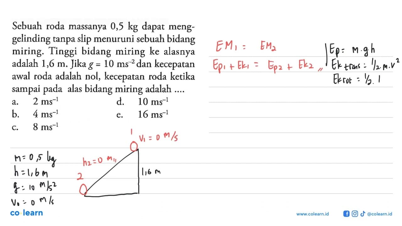 Sebuah roda massanya 0,5 kg dapat menggelinding tanpa slip