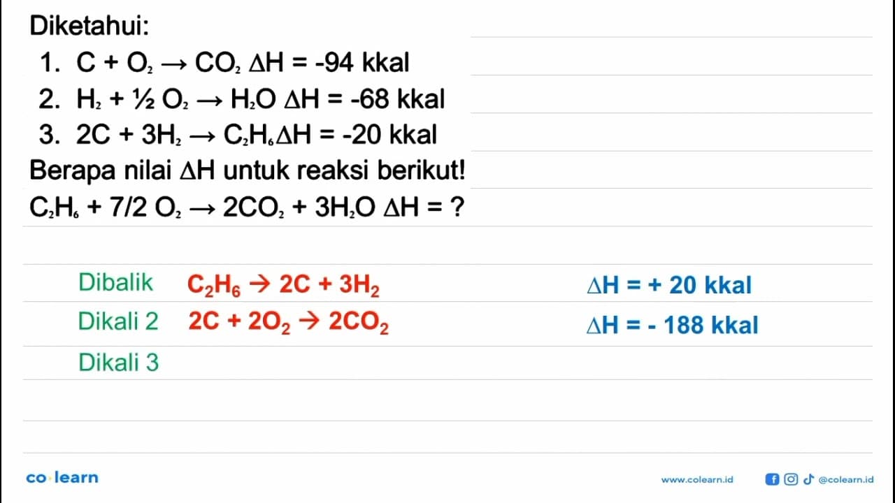 Diketahui: 1. C+O2 -> CO2 segitiga H=-94 kkal 2. H2+1/2 O2