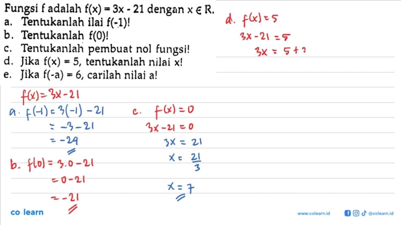 Fungsi f adalah f(x) = 3x - 21 dengan x e R . a.