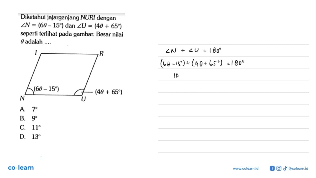 Diketahui jajargenjang NURI dengan sudut N = (6 theta - 15)