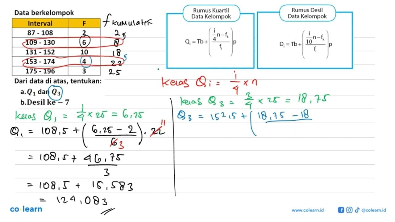 Data berkelompok Interval 87-108 2 109-130 6 131-152 10