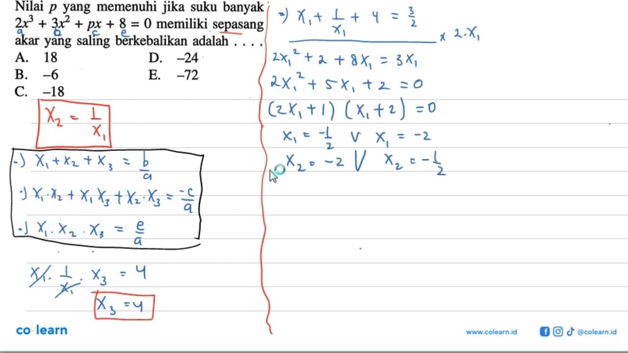 Nilai p yang memenuhi jika suku banyak 2x^3+3x62+px+8=0