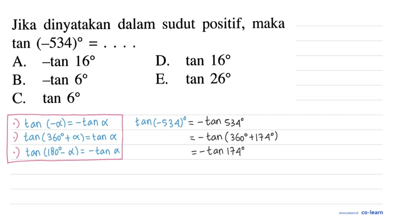 Jika dinyatakan dalam sudut positif, maka tan (-534)=...