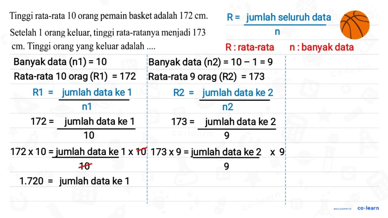 Tinggi rata-rata 10 orang pemain basket adalah 172 cm .