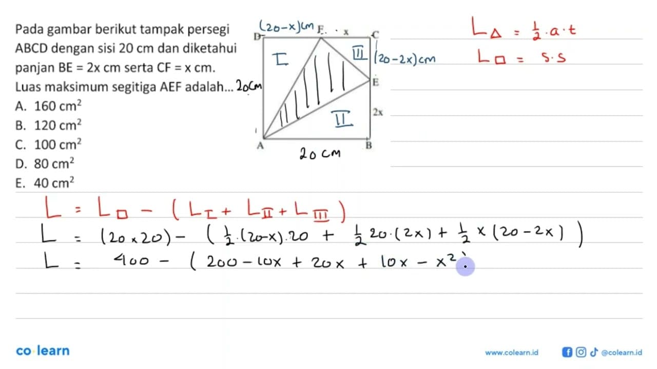 Pada gambar berikut tampak persegi ABCD dengan sisi 20 cm