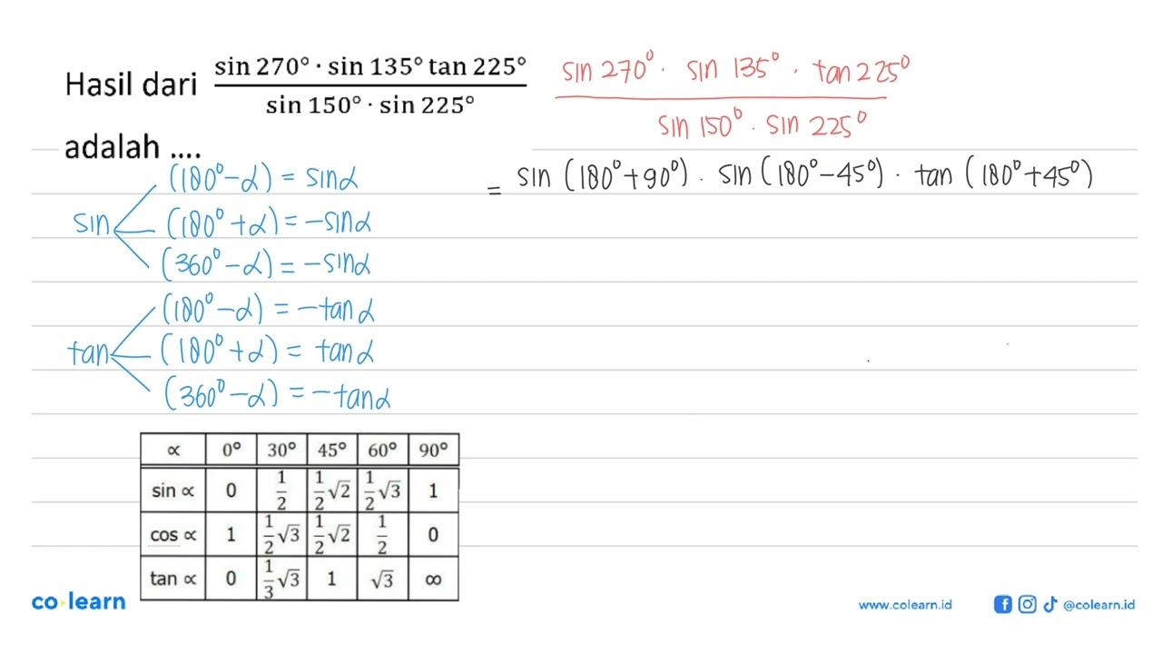 Hasil dari (sin 270.sin 135tan 225)/(sin 150.sin 225)