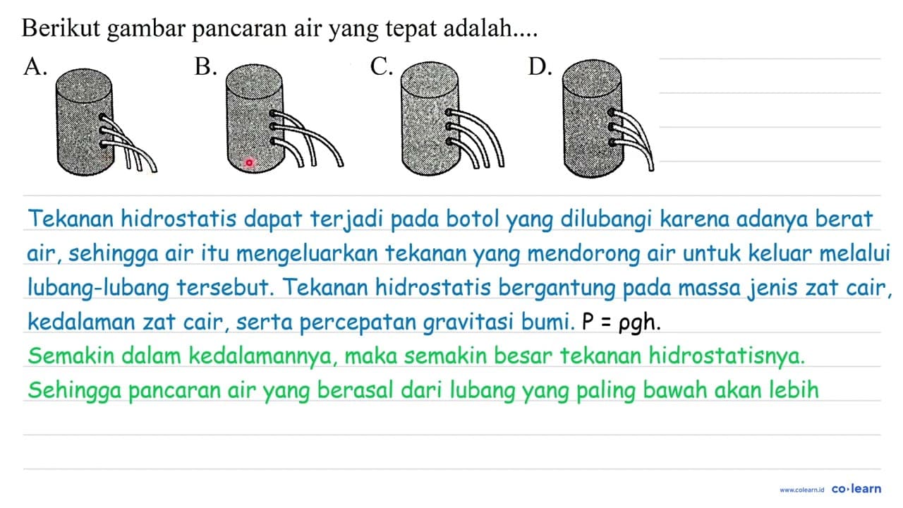 Berikut gambar pancaran air yang tepat adalah.... A. C. D.