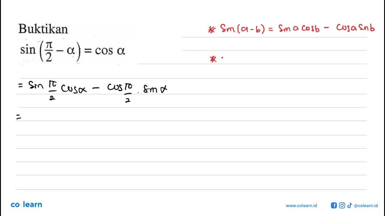 Buktikan sin(pi/2 - alpha) = cos alpha