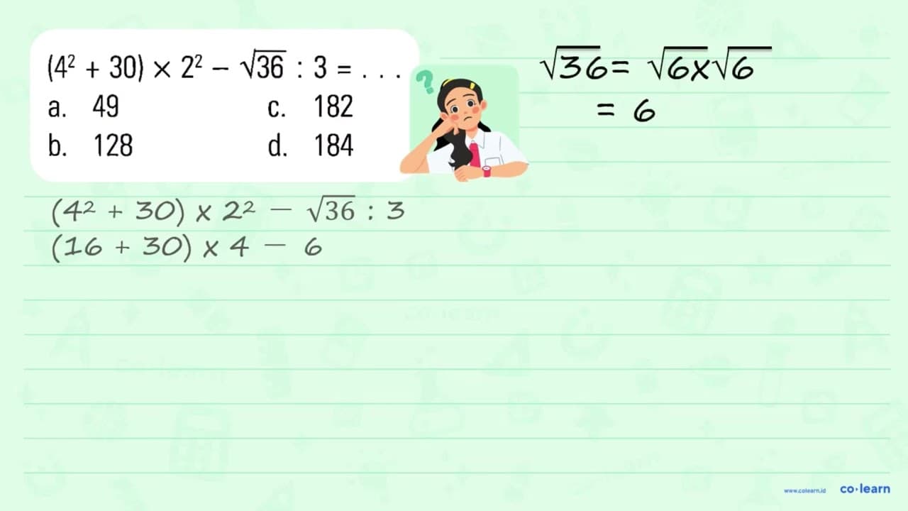 (4^2 + 30) x 2^2 - akar(36) : 3=...