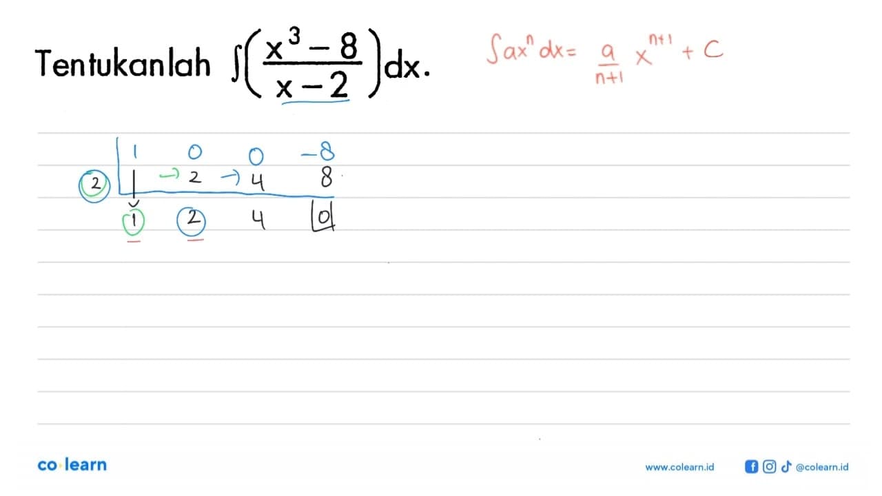 Tentukanlah integral ((x^3-8)/(x-2)) dx