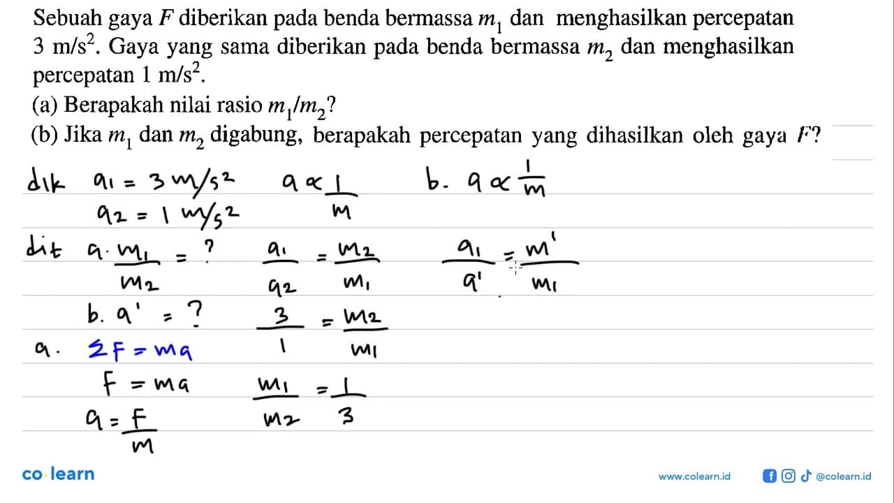 Sebuah gaya F diberikan pada benda bermassa m1 dan