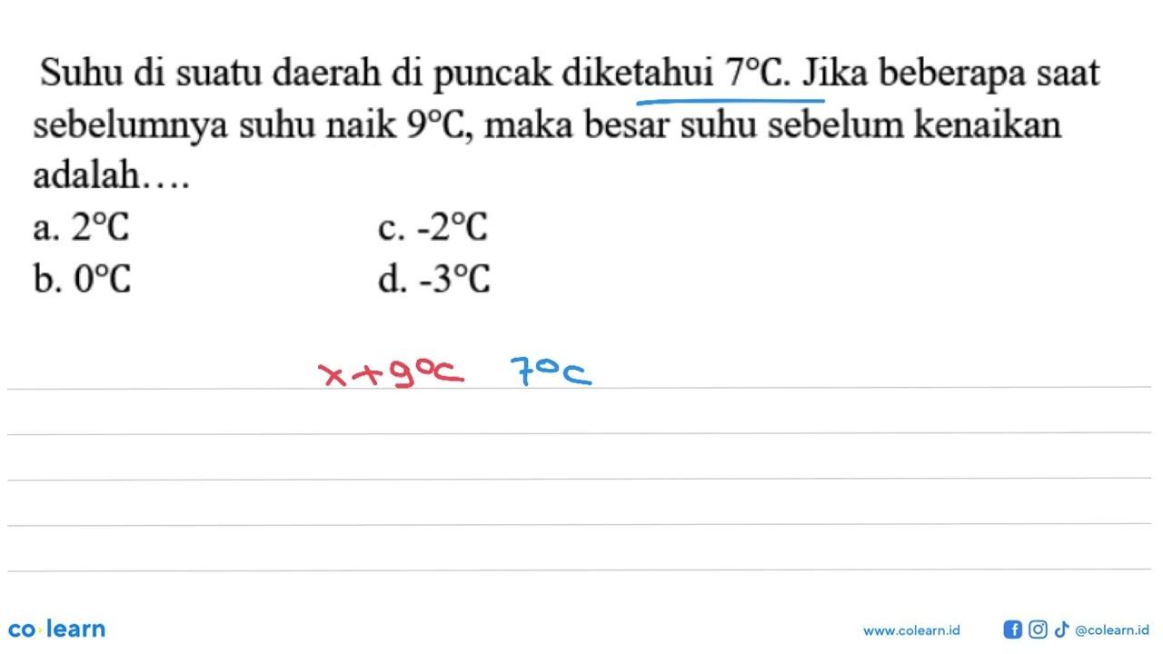 Suhu di suatu daerah di puncak diketahui 7 C. Jika beberapa