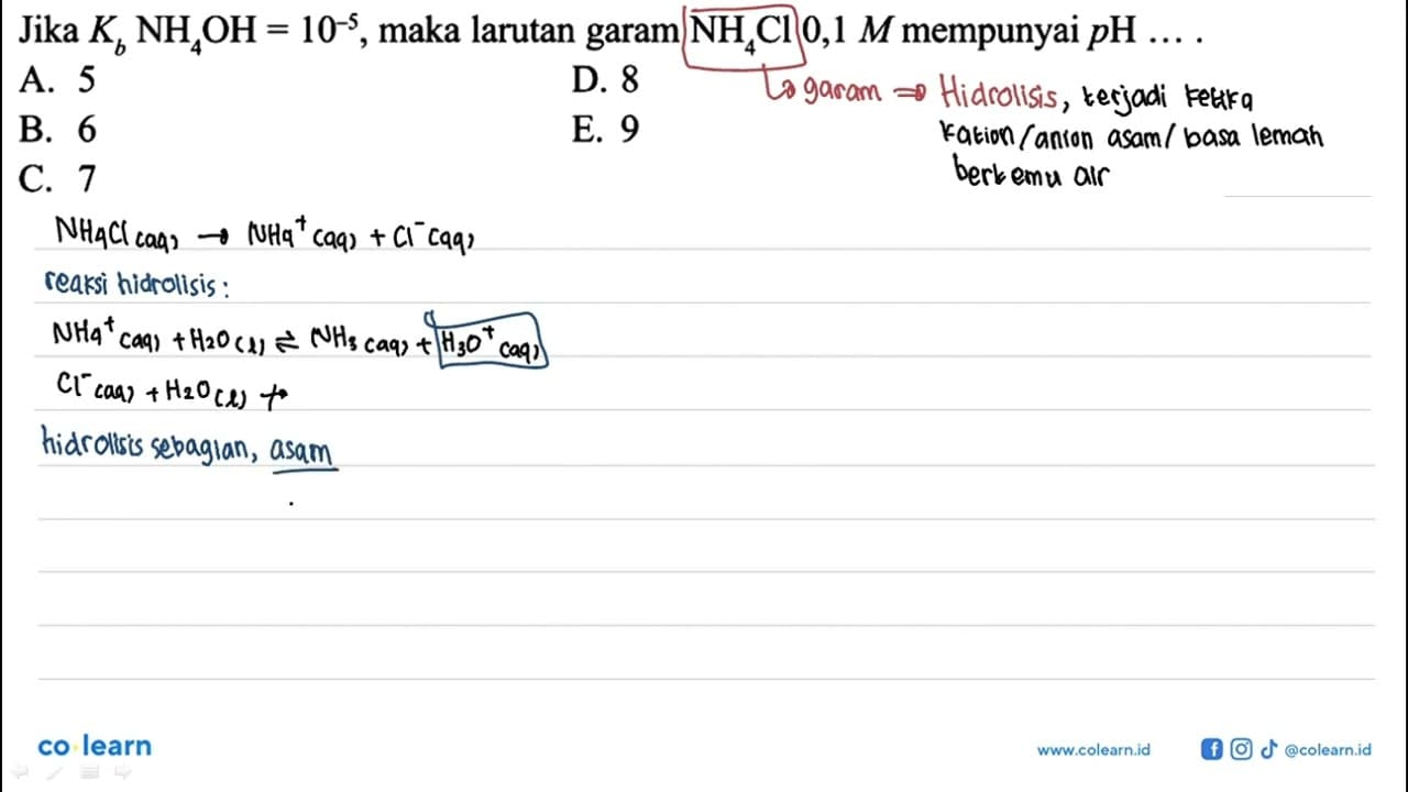 Jika Kb NH4OH=10^-5, maka larutan garam NH4Cl 0,1 M