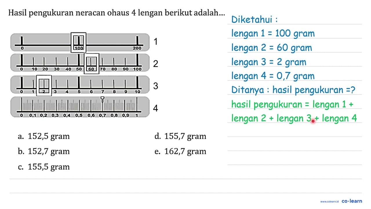 Hasil pengukuran neracan ohaus 4 lengan berikut adalah...