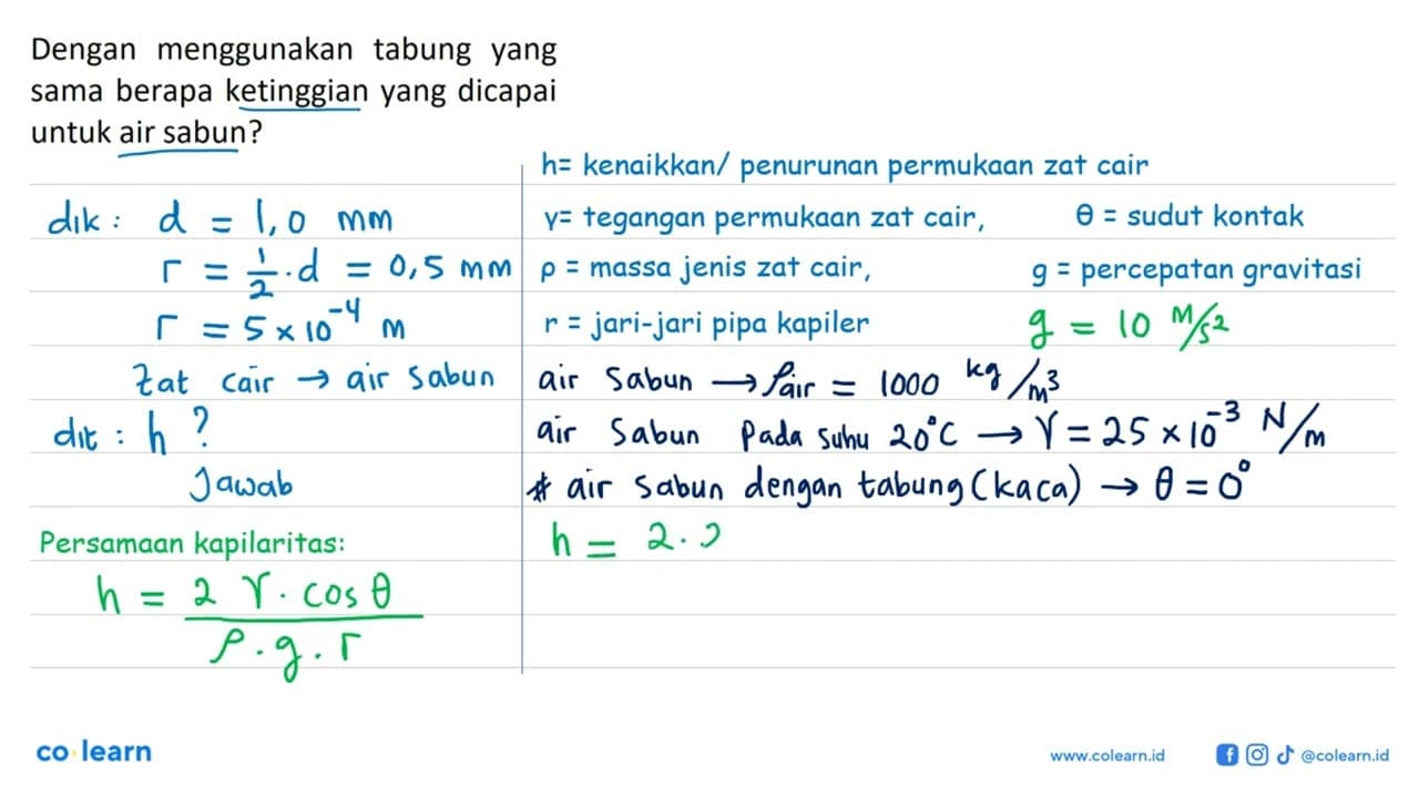 Berapa tinggi kenaikan air sabun pada suhu 20 C dalam