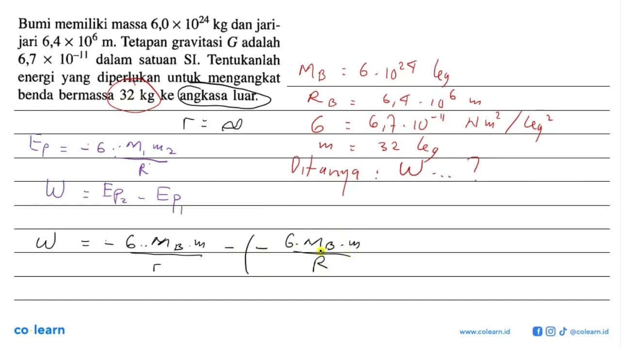 Bumi memiliki massa 6,0 x 10^24 kg dan jarijari 6,4 x 10^6