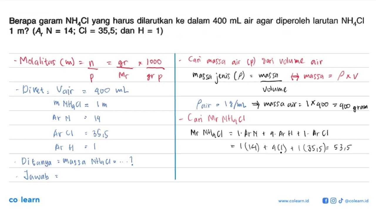 Berapa garam NH4Cl yang harus dilarutkan ke dalam 400 mL