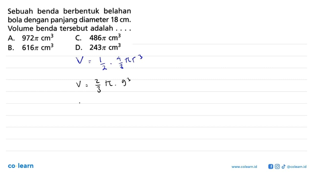 Sebuah benda berbentuk belahan bola dengan panjang diameter