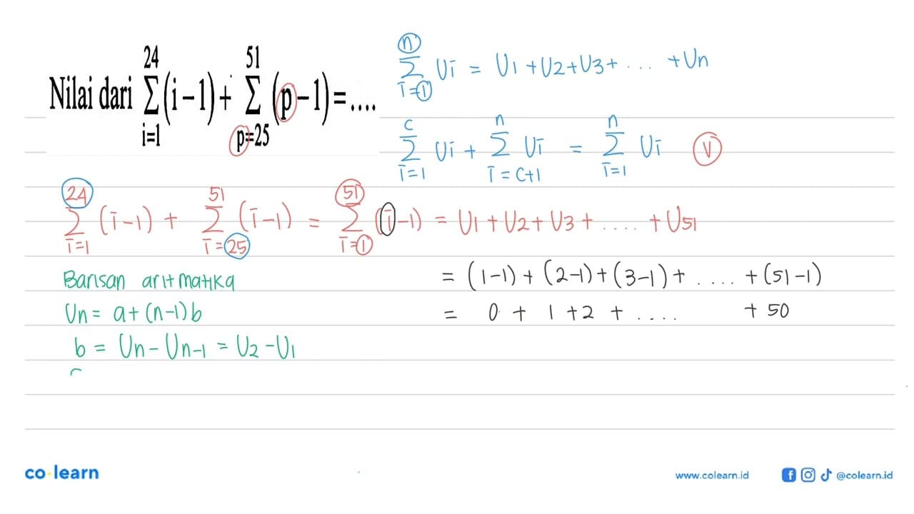 Nilai dari sigma i=1 24 (i-1)+sigma i=25 51 (p-1)=....