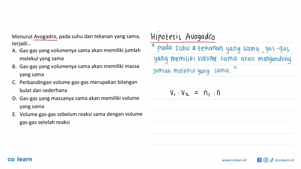 Menurut Avogadro, pada suhu dan tekanan yang sama, terjadi