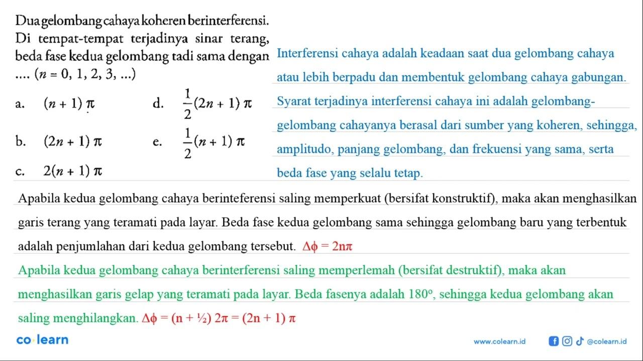 Dua gelombang cahaya koheren berinterferensi. Di