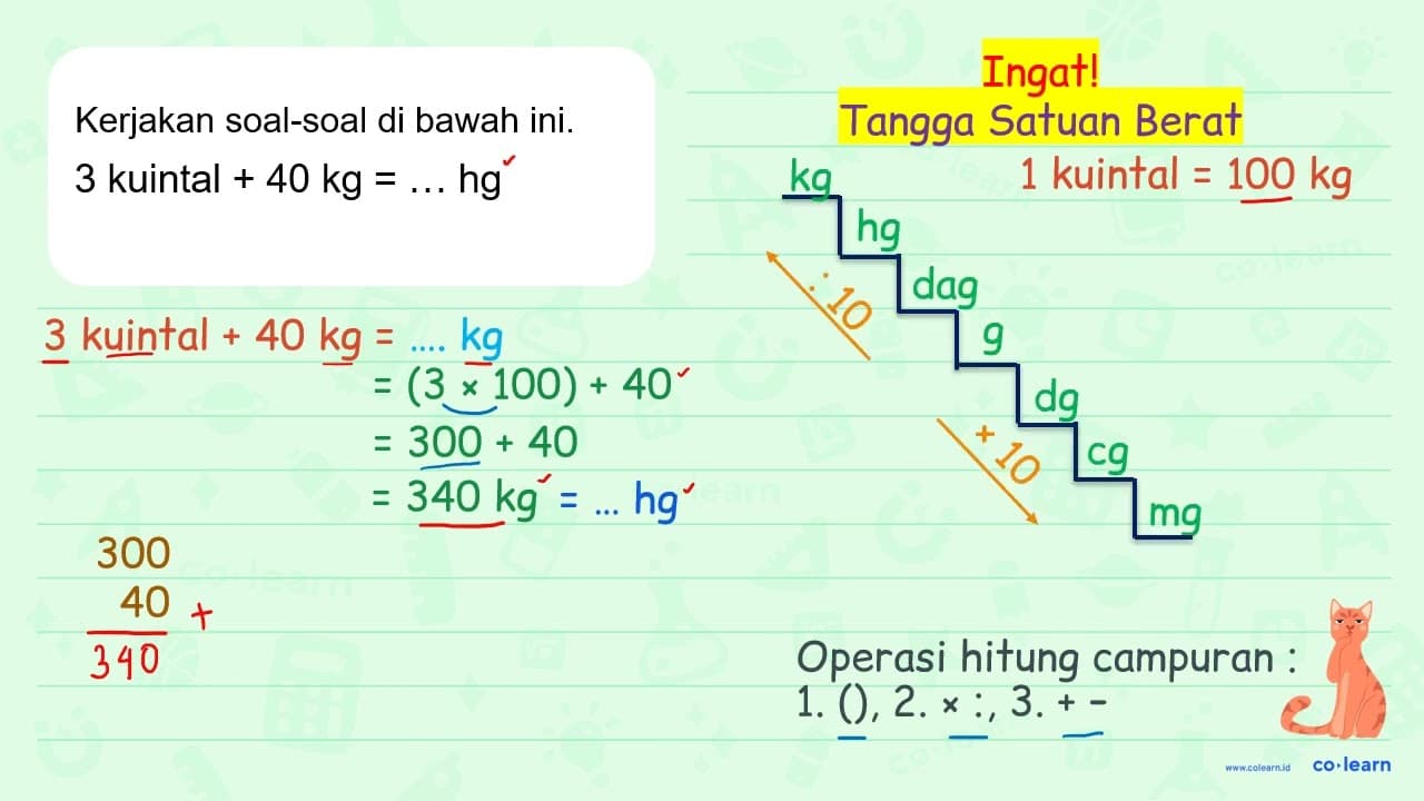 Kerjakan soal-soal di bawah iní. 3 kuíntal +40 kg=... hg