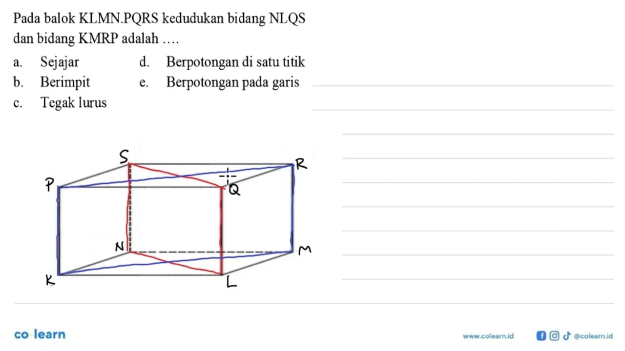 Pada balok KLMN.PQRS kedudukan bidang NLQS dan bidang KMRP