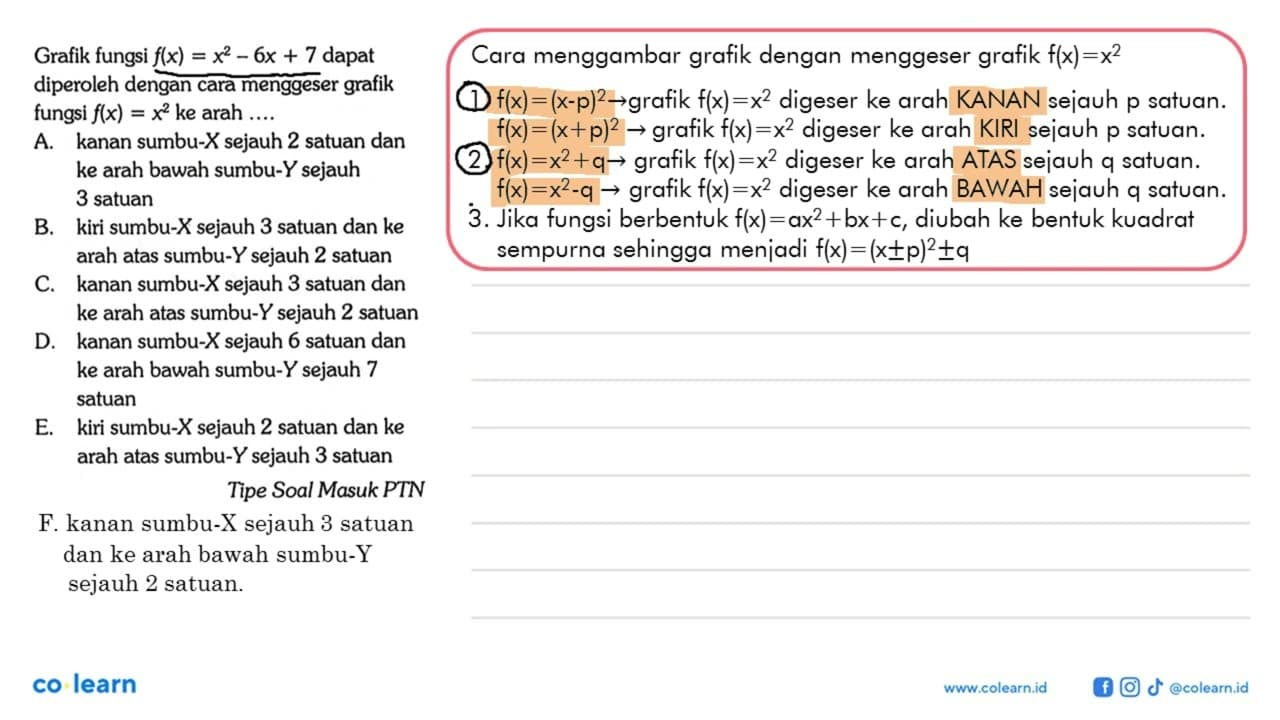 Grafik fungsi flx) = x^2 - 6x + 7 dapat diperoleh dengan