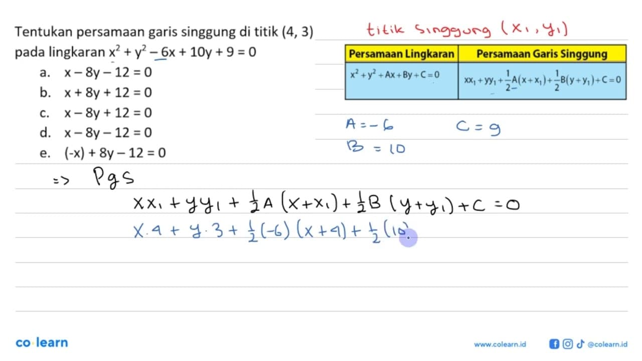 Tentukan persamaan garis singgung di titik (4, 3) pada