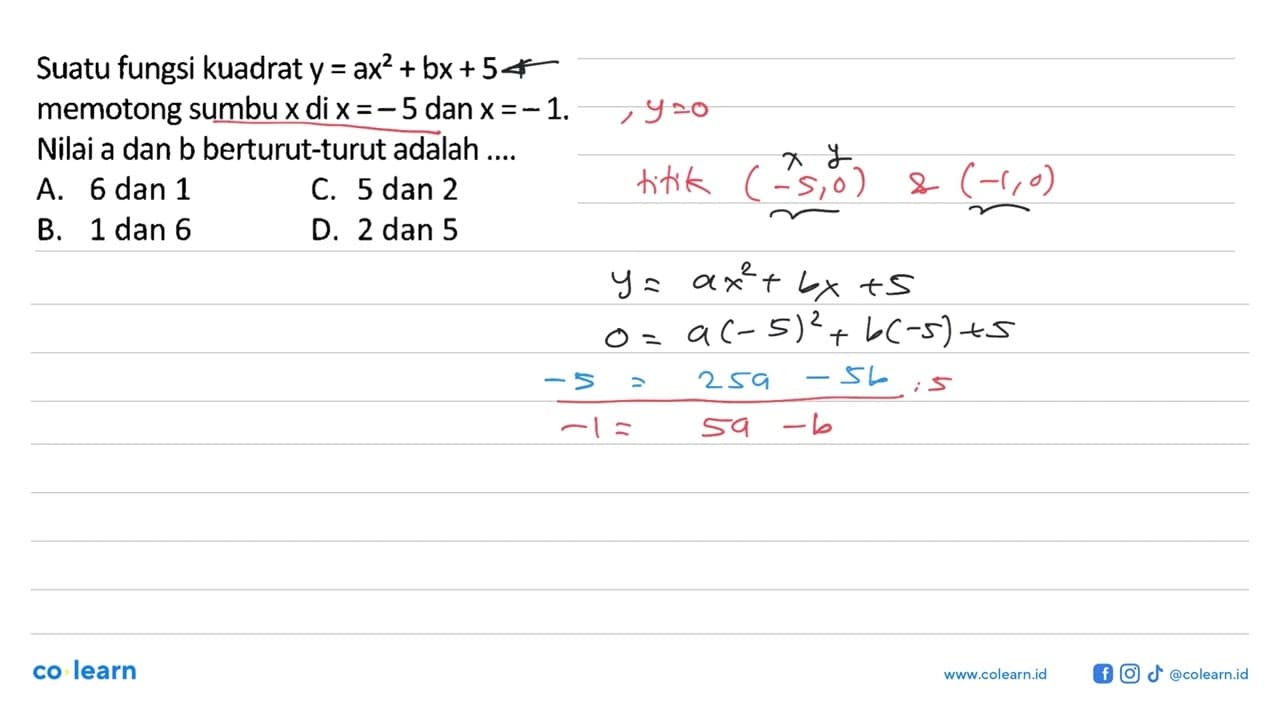 Suatu fungsi kuadrat y=ax^2+bx+5 memotong sumbu x di x=-5