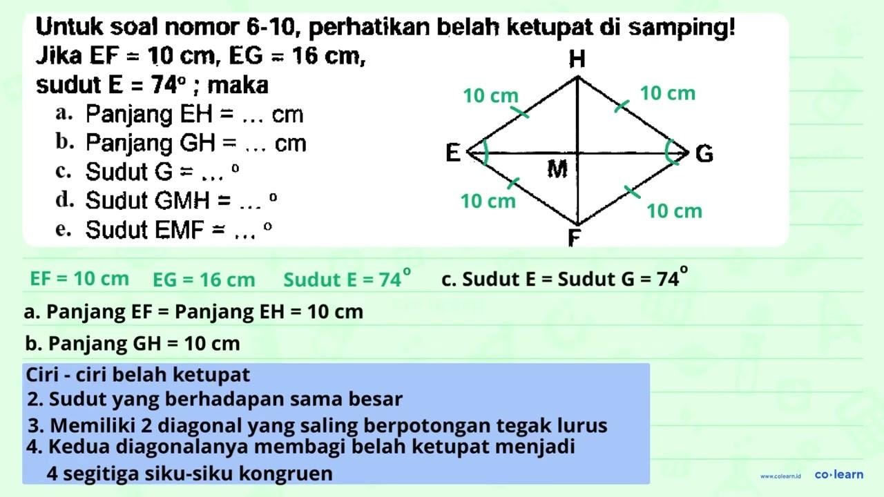 Untuk soal nomor 6-10, perhatikan belah ketupat di samping!