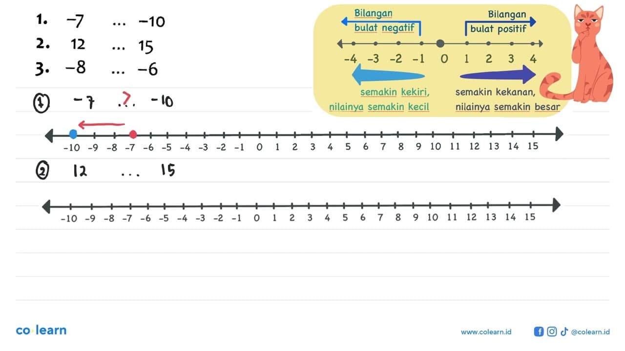 1. -7 ... -10 2. 12 ... 15 3. -8 ... -6