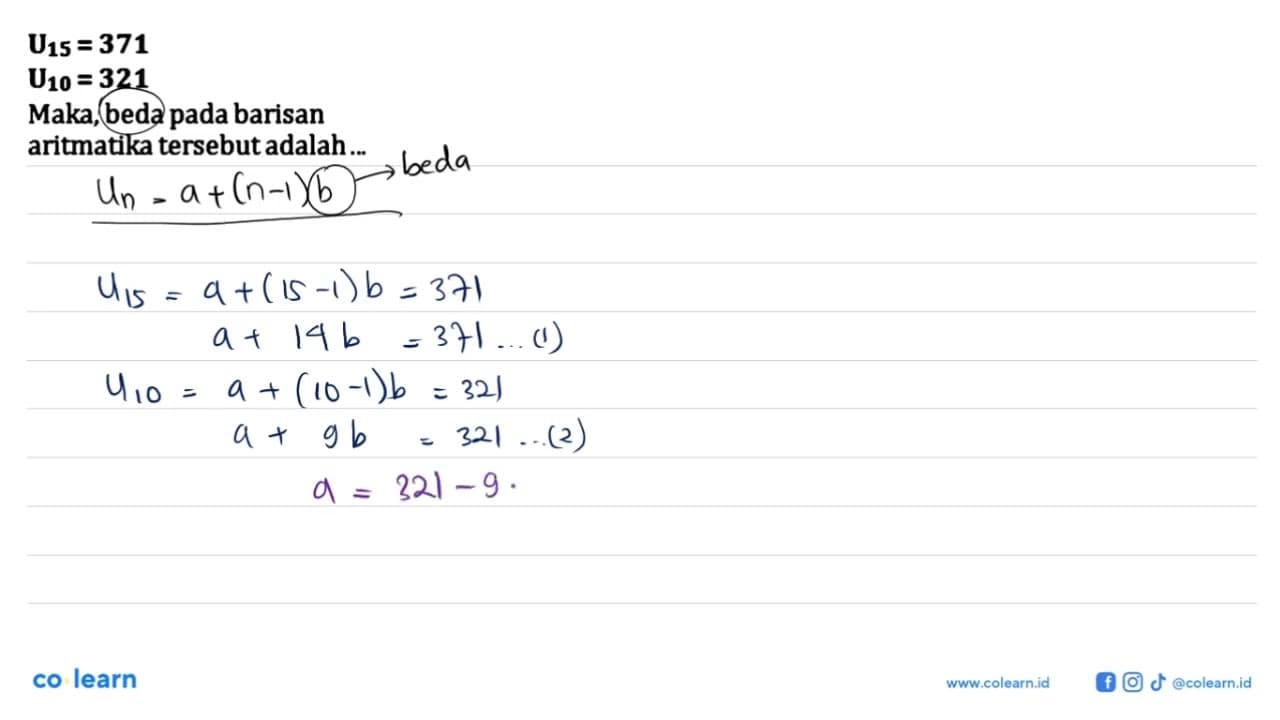 U15 = 371 U10 = 321 Maka, beda pada barisan aritmatika