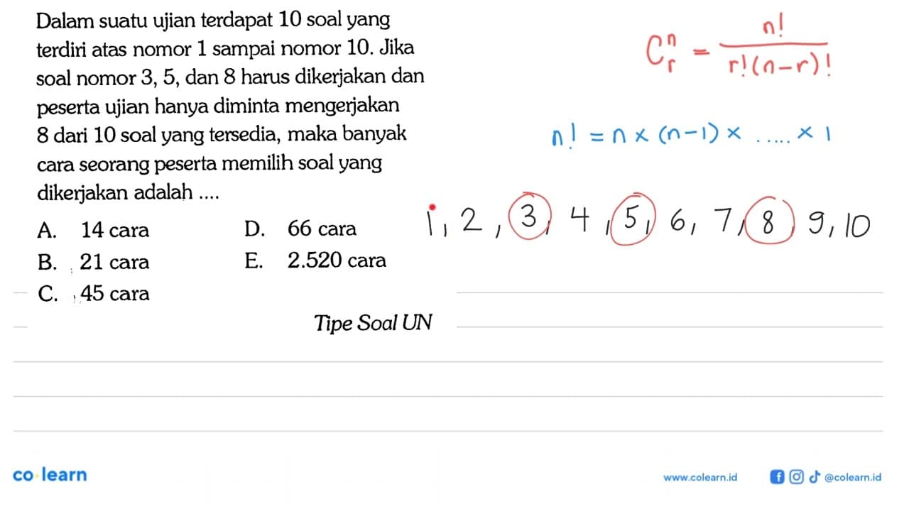 Dalam suatu ujian terdapat 10 soal yang terdiri atas nomor