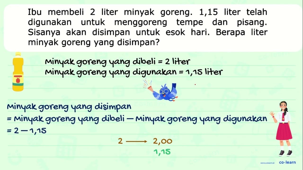 Ibu membeli 2 liter minyak goreng. 1,15 liter telah