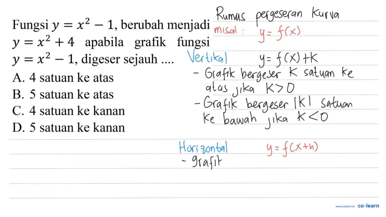 Fungsi y=x^(2)-1 , berubah menjadi y=x^(2)+4 apabila grafik