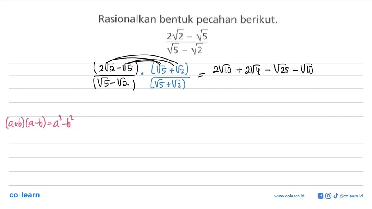 Rasionalkan bentuk pecahan berikut. (2 2^(1/2) - 5^(1/2)) /