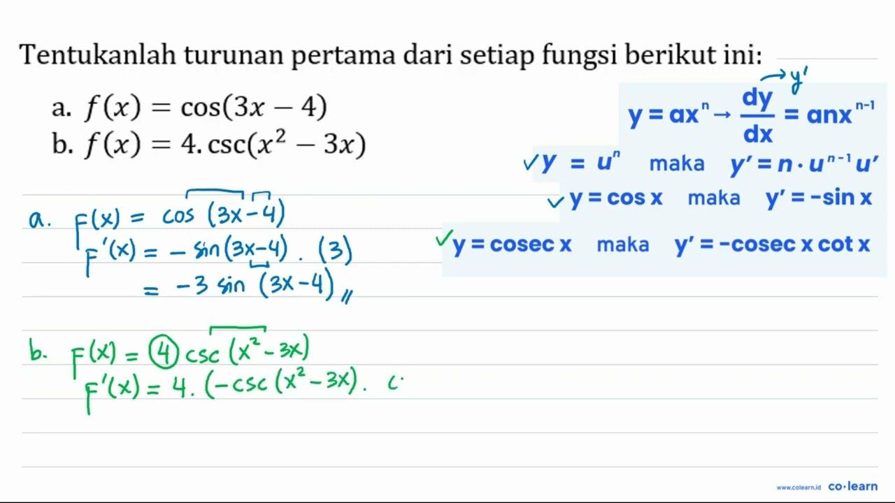 Tentukanlah turunan pertama dari setiap fungsi berikut ini: