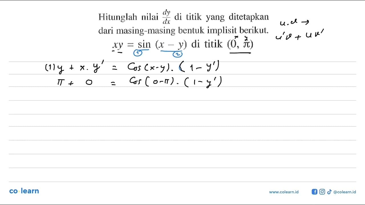 Hitunglah nilai dy/dx di titik yang ditetapkan dari