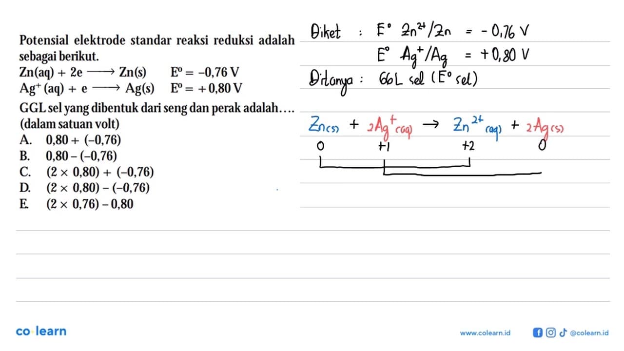 Potensial elektrode standar reaksi reduksi adalah sebagai